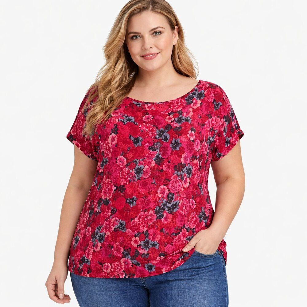 Talbots Plus Size 1X Top Tee Floral Cap Sleeve Red Pink *